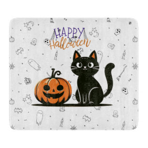 Tabla De Cortar Feliz gato y calabaza de Halloween