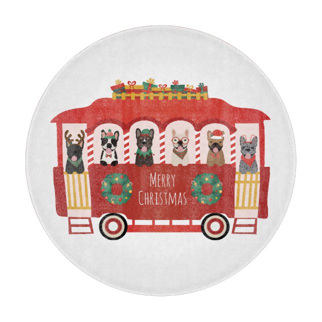 Tabla De Cortar Feliz Navidad Bulldoges franceses Holiday Trolly (Anverso)