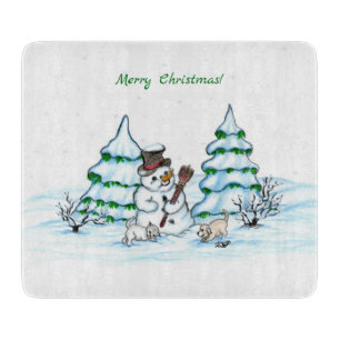 Tabla De Cortar ¡Feliz Navidad! Hombre de nieve con gato y cachorr