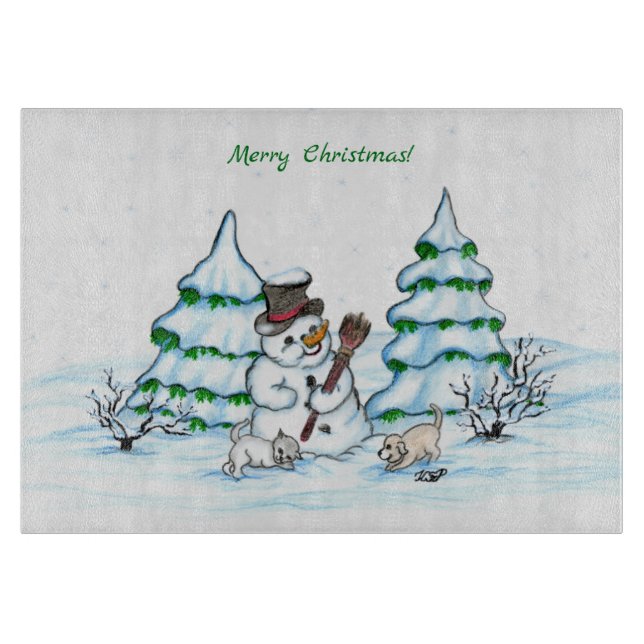 Tabla De Cortar ¡Feliz Navidad! Hombre de nieve con gato y cachorr (Anverso)