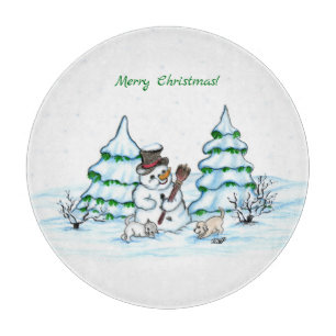 Tabla De Cortar ¡Feliz Navidad! Hombre de nieve con gato y cachorr