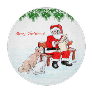 Tabla De Cortar Feliz Navidad - Santa Claus con gato y perro