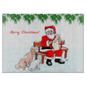 Tabla De Cortar Feliz Navidad - Santa Claus con gato y perro