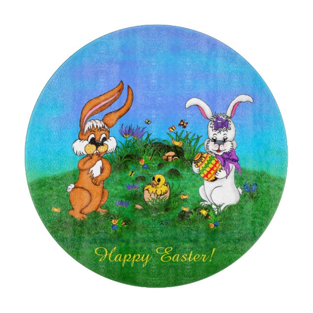 Tabla De Cortar ¡Feliz Pascua! Conejo con conejo y pollo (Anverso)