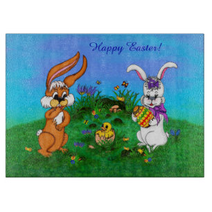 Tabla De Cortar ¡Feliz Pascua! Conejo con conejo y pollo