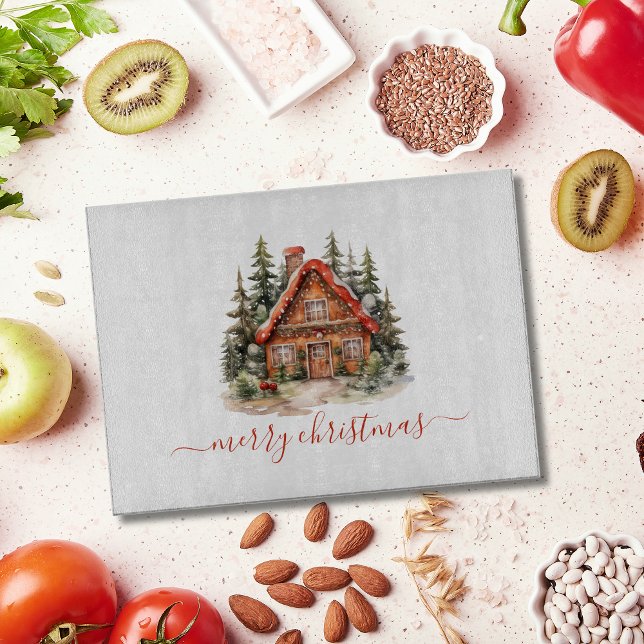 Tabla De Cortar Festividad personalizada de los Navidades de Ginge (Gingerbread in winter scene House Merry Christmas Personalized Cutting board. Rectangle and Circle)