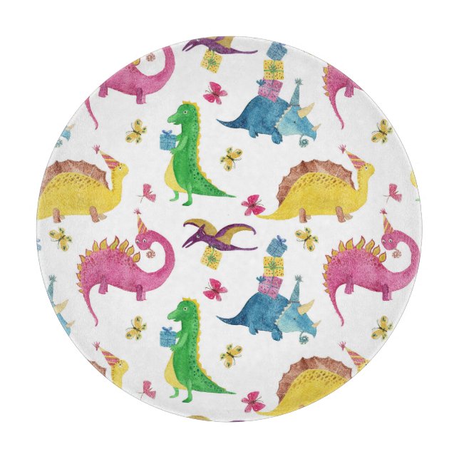 Tabla De Cortar Fiesta de dinosaurios: patrón de acuarela. (Anverso)