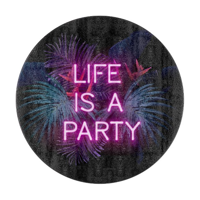 Tabla De Cortar Fiesta tropical, hojas de palma de neón. (Anverso)