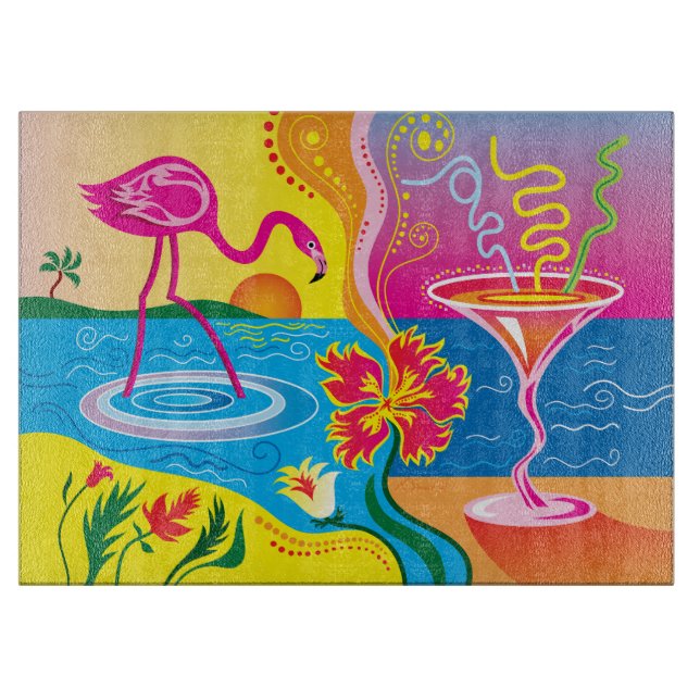 Tabla De Cortar Flamenco Rosa y Cóctel de Verano (Anverso)