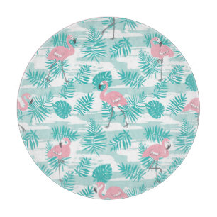 Tabla De Cortar Flamencos rosas, hojas de palma verdes, tropicales