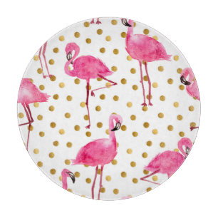 Tabla De Cortar Flamencos rosas, puntos dorados, acuarela.