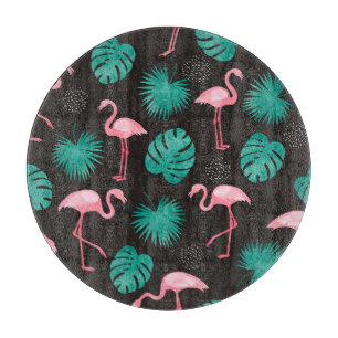 Tabla De Cortar Flamingo, hojas de palma: acuarela tropical.