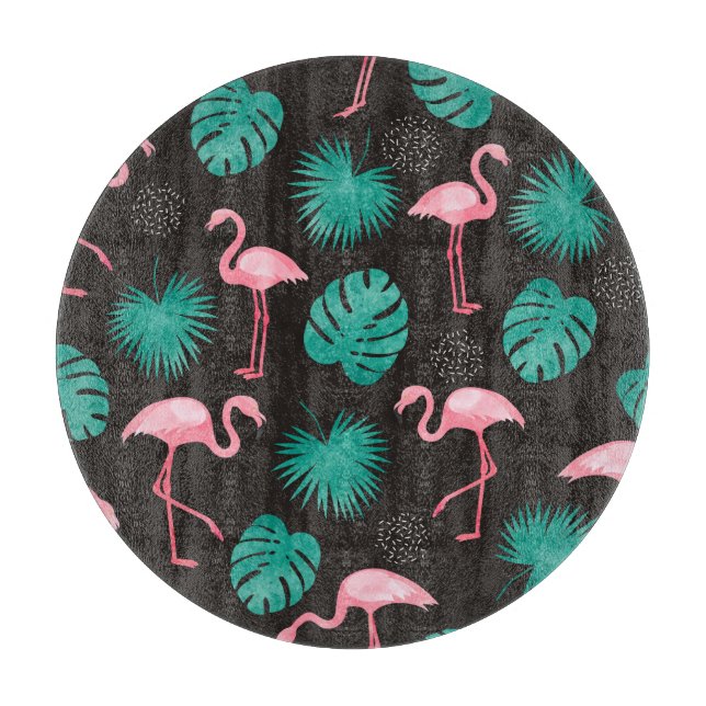 Tabla De Cortar Flamingo, hojas de palma: acuarela tropical. (Anverso)