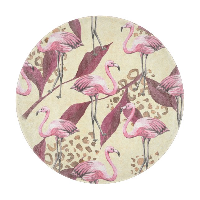 Tabla De Cortar Flamingo rosa tropical, patrón leopardo. (Anverso)