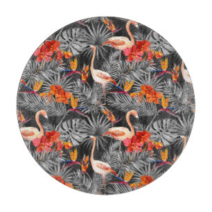 Tabla De Cortar Flamingo y flores, patrón monocromo.