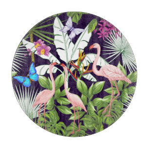 Tabla De Cortar Flamingos, plantas tropicales: patrón vintage.