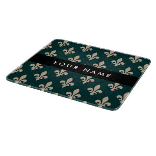 Tabla De Cortar Fleur de Lis, beige sobre verde, real, tu nombre