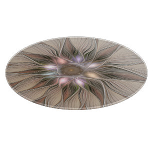 Tabla De Cortar Flor abstracta alegre beige marrón fractal floral
