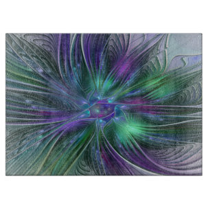 Tabla De Cortar Flor Abstracta Moderna Fractal Verde Púrpura