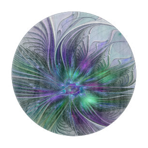 Tabla De Cortar Flor Abstracta Moderna Fractal Verde Púrpura