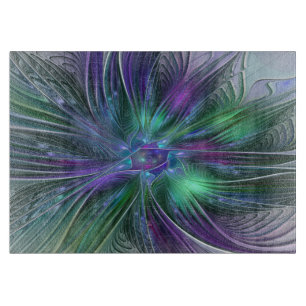 Tabla De Cortar Flor Abstracta Moderna Fractal Verde Púrpura