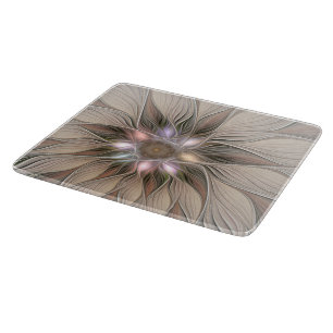 Tabla De Cortar Flor alegre Abstracto Fractal floral Beige Brown