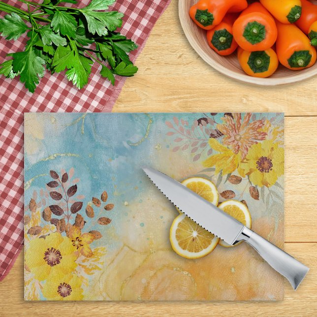 Tabla De Cortar Flor Amarilla Marble Azul Acuarela (Subido por el creador)