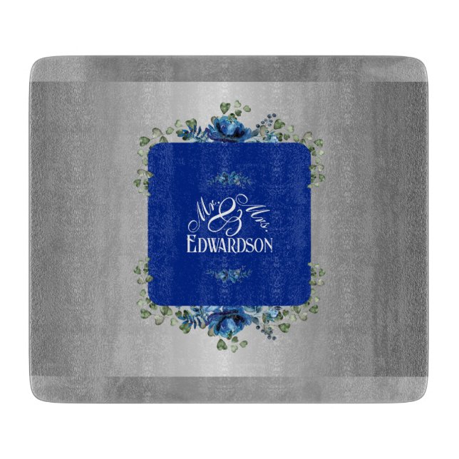 Tabla De Cortar Flor Azul Azafrán: Floral Metálico Plateado (Anverso)