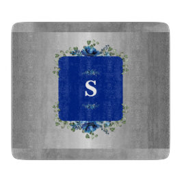 Tabla De Cortar Flor Azul Azafrán: Floral Metálico Plateado