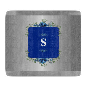 Tabla De Cortar Flor Azul Azafrán: Floral Metálico Plateado