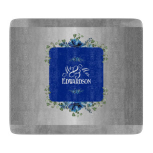Tabla De Cortar Flor Azul Azafrán: Floral Metálico Plateado