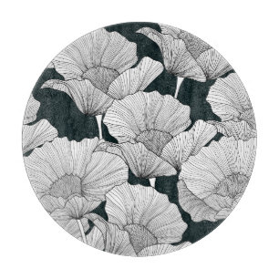 Tabla De Cortar Flor de amapola, Línea Blanca Negra.