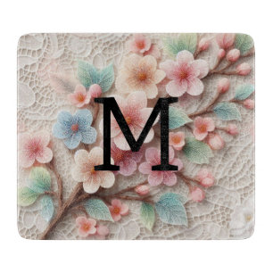 Tabla De Cortar Flor de cerezo rosa pastel de encaje con monograma