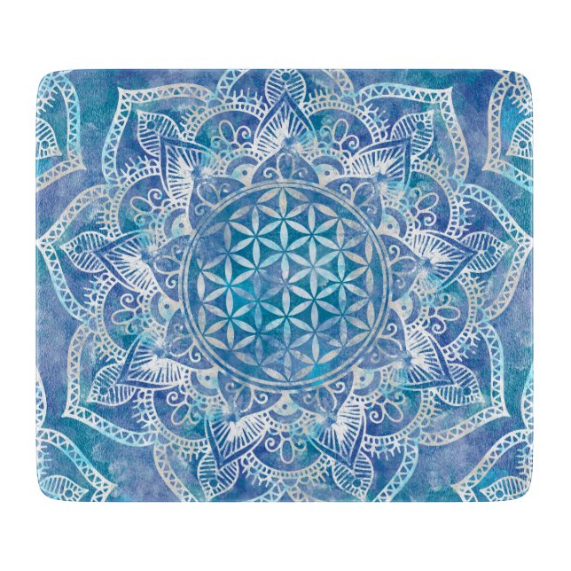 Tabla De Cortar Flor de vida en Lotus - Azul acuarela (Anverso)