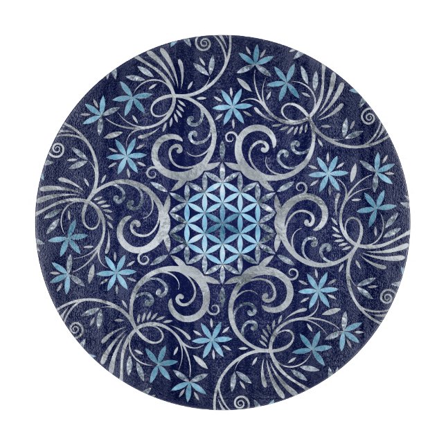 Tabla De Cortar Flor de vida Ornamento - Azul plateado (Anverso)