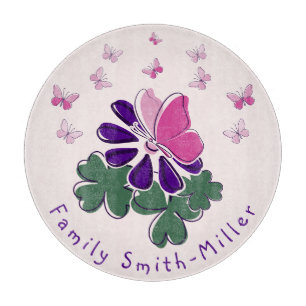 Tabla De Cortar Flor de vidrio verde púrpura Doodle mariposa rosa