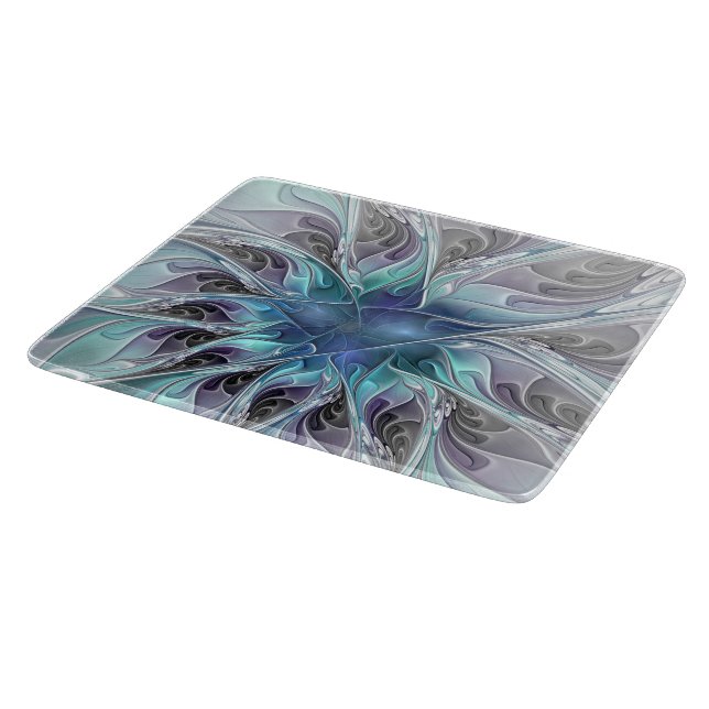Tabla De Cortar Flor Fractal Moderna Con Azul (Borde)