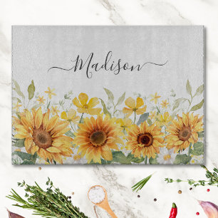 Tabla De Cortar Flor Girasol Amarillo Monograma Floral Botánico