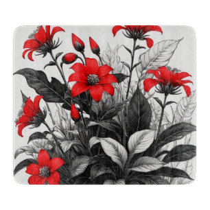 Tabla De Cortar Flor Roja Sobre La Planta Blanca Negra