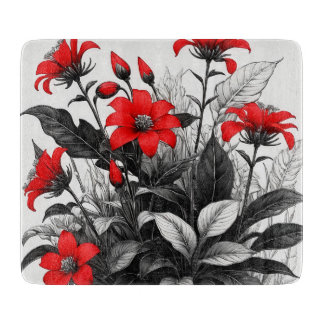 Tabla De Cortar Flor Roja Sobre La Planta Blanca Negra