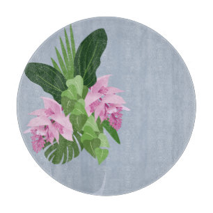 Tabla De Cortar Flor rosa de Medinilla Tropical en Base Azul