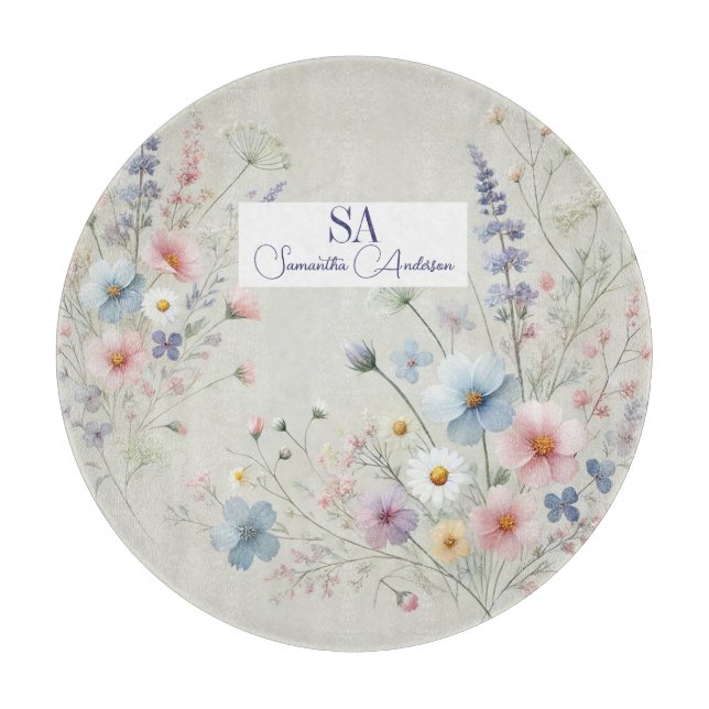Tabla De Cortar Flor silvestre personalizada con monograma y nombr (Anverso)