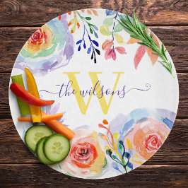 Tabla de cortar floral con arcoíris monogramado