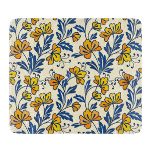 Tabla De Cortar Floral Folk Naranja Amarillo Antiguo Hoja Azul