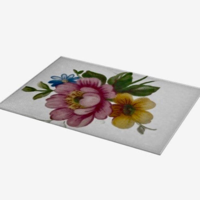 Tabla de cortar floral inspirada en porcelana (Glass Cutting Board – 5 different sizes. 100% food safe.  tempered glass Non-skid rubber feet. 
)