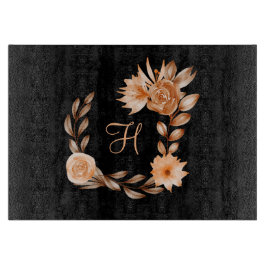 Tabla De Cortar Floral negro, marrón y melocotón con monograma 
