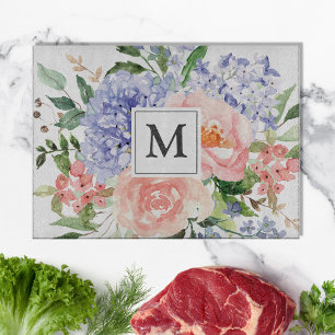 Tabla De Cortar Floral Primaveral Rosa Azul Acuarela Monogramada