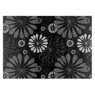 Tabla De Cortar Floral Retro en Blanco y Negro