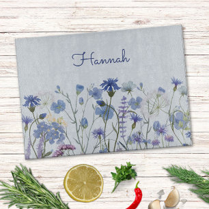 Tabla De Cortar Floral Silvestre Acuarela Azul Monogramada