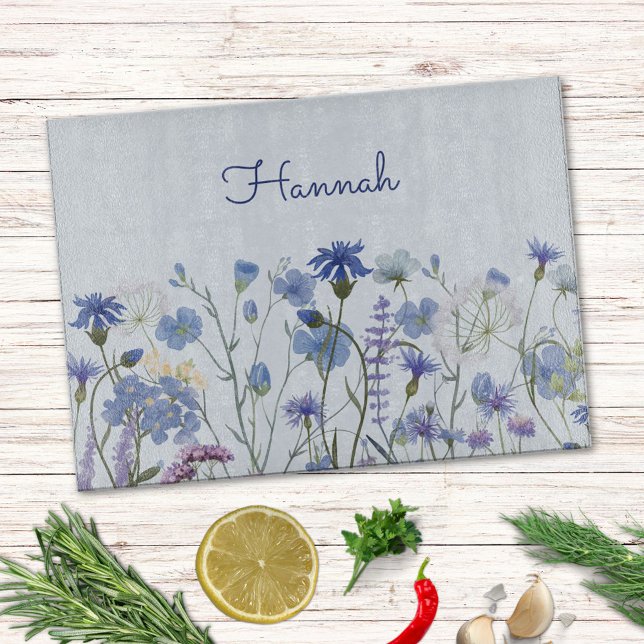 Tabla De Cortar Floral Silvestre Acuarela Azul Monogramada (In situ )